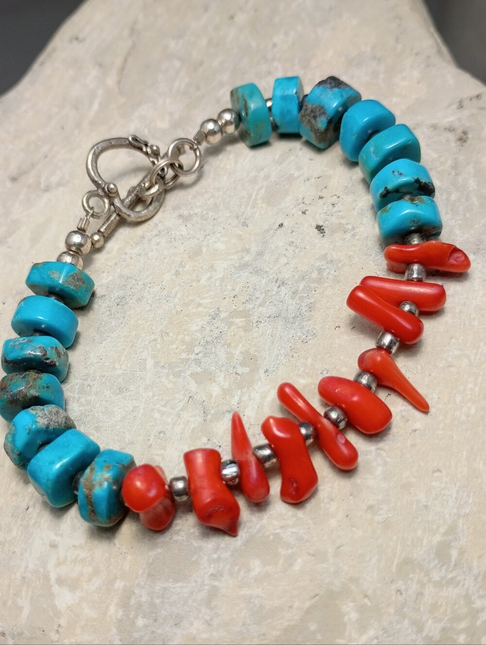 Heishi Turquoise & Red Coral Beaded Bracelet Artisan